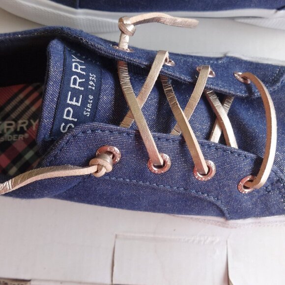 Sperry denim women's sneakers size 4M, slip on, gold leather laces, like new - Picture 5 of 15